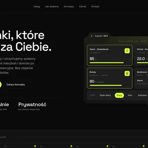 Sekcja hero strony Autoika z hasłem „Budynki, które myślą za Ciebie" i interaktywnym panelem sterowania domem