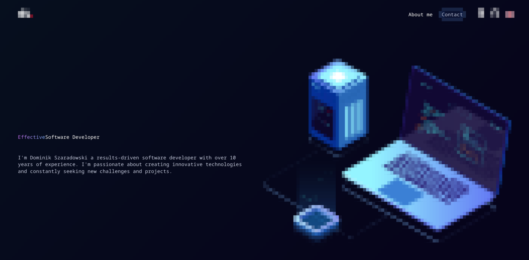 Screenshot of Dominik Szaradowski’s portfolio contact page, featuring a laptop illustration in pixel art style on a dark background, along with a brief description of programming experience.