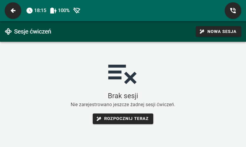 Ekran aplikacji informujący o braku sesji