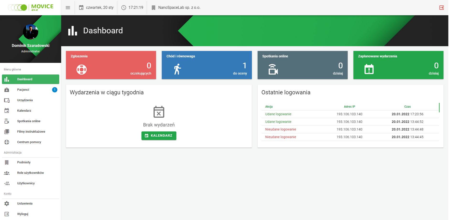 Dashboard interface with event and login details