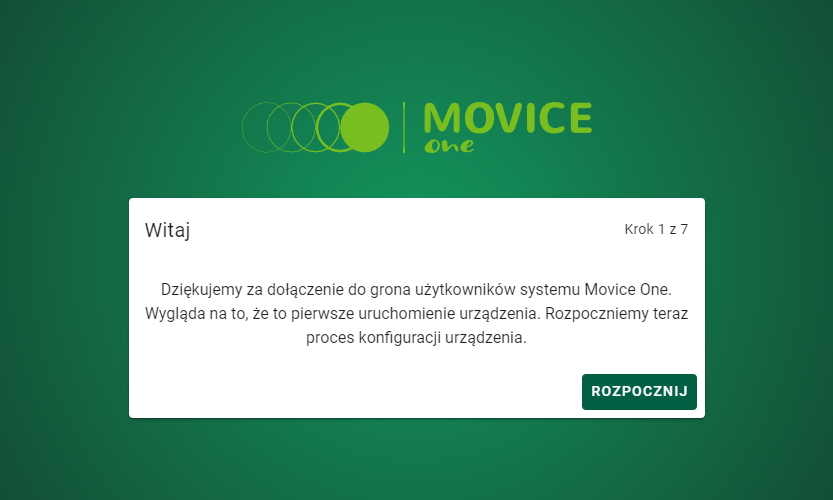 Ekran powitalny konfiguracji urządzenia