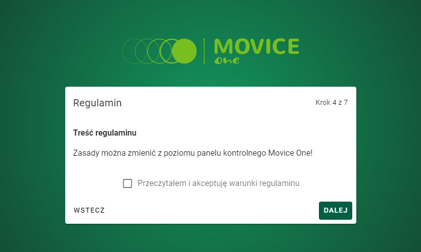 Formularz akceptacji regulaminu z przyciskiem dalej