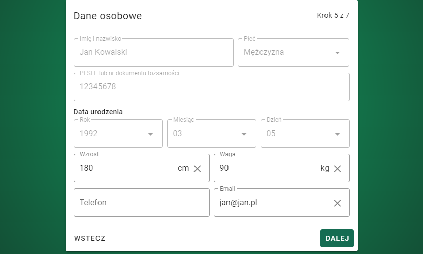 Formularz wypełniania danych osobowych