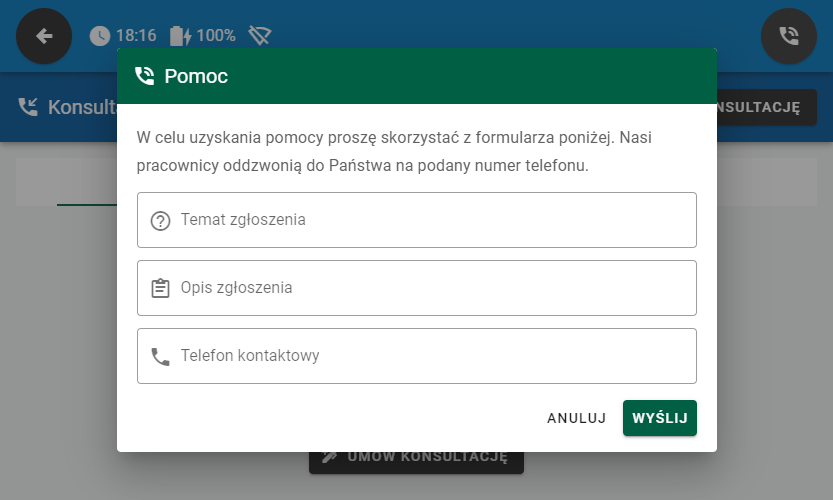 Wyświetlony formularz pomocy online z polami do uzupełnienia