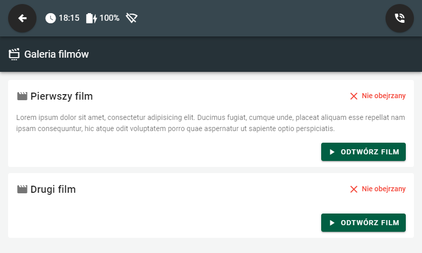 Interfejs aplikacji z listą filmów do odtworzenia