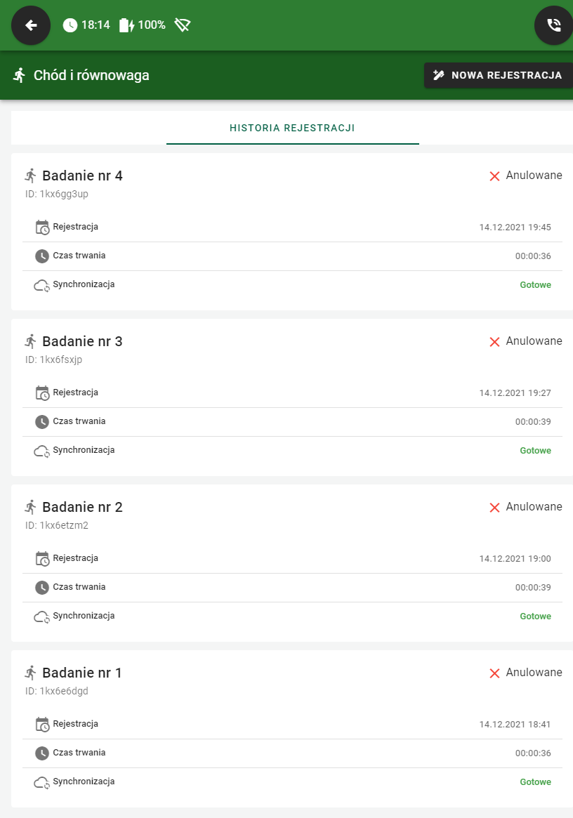 Widok aplikacji z historią badań