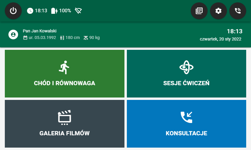Ekran interfejsu aplikacji zdrowotnej z różnymi opcjami