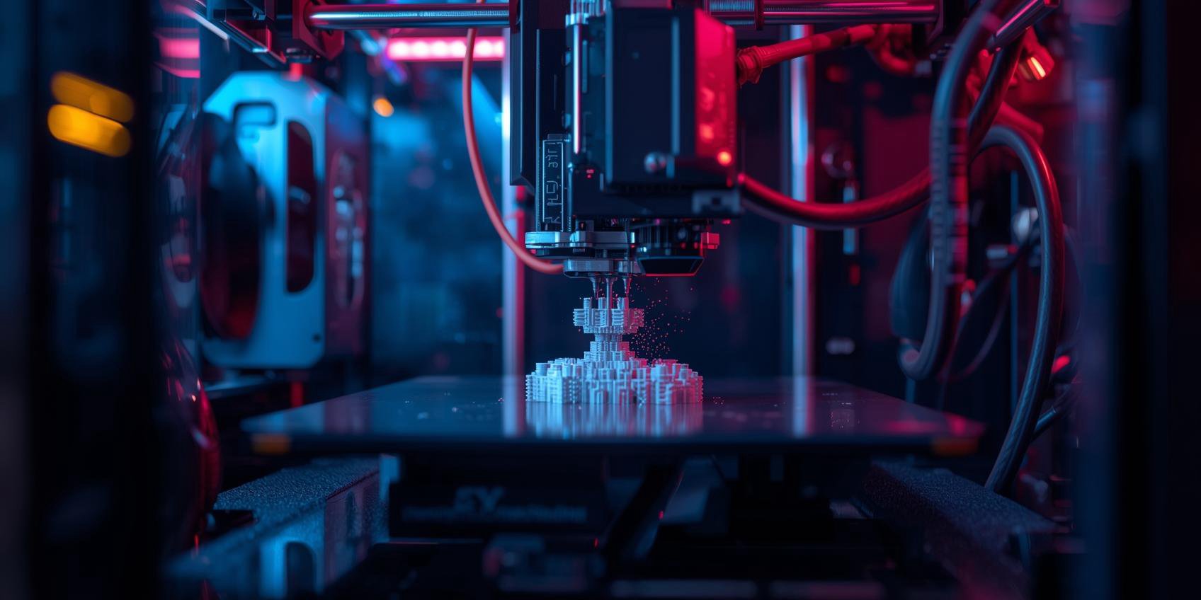Nowoczesna drukarka 3D podczas pracy, drukująca szczegółowy biały model, w otoczeniu neonowego oświetlenia w odcieniach czerwieni i niebieskiego.