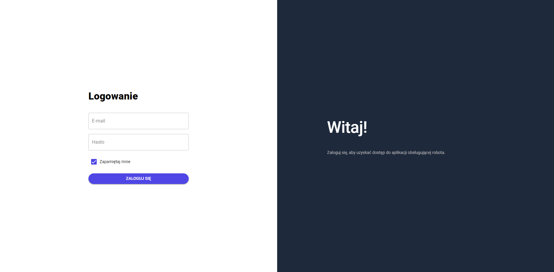 Ekran logowania do aplikacji z miejscami na e-mail i hasło