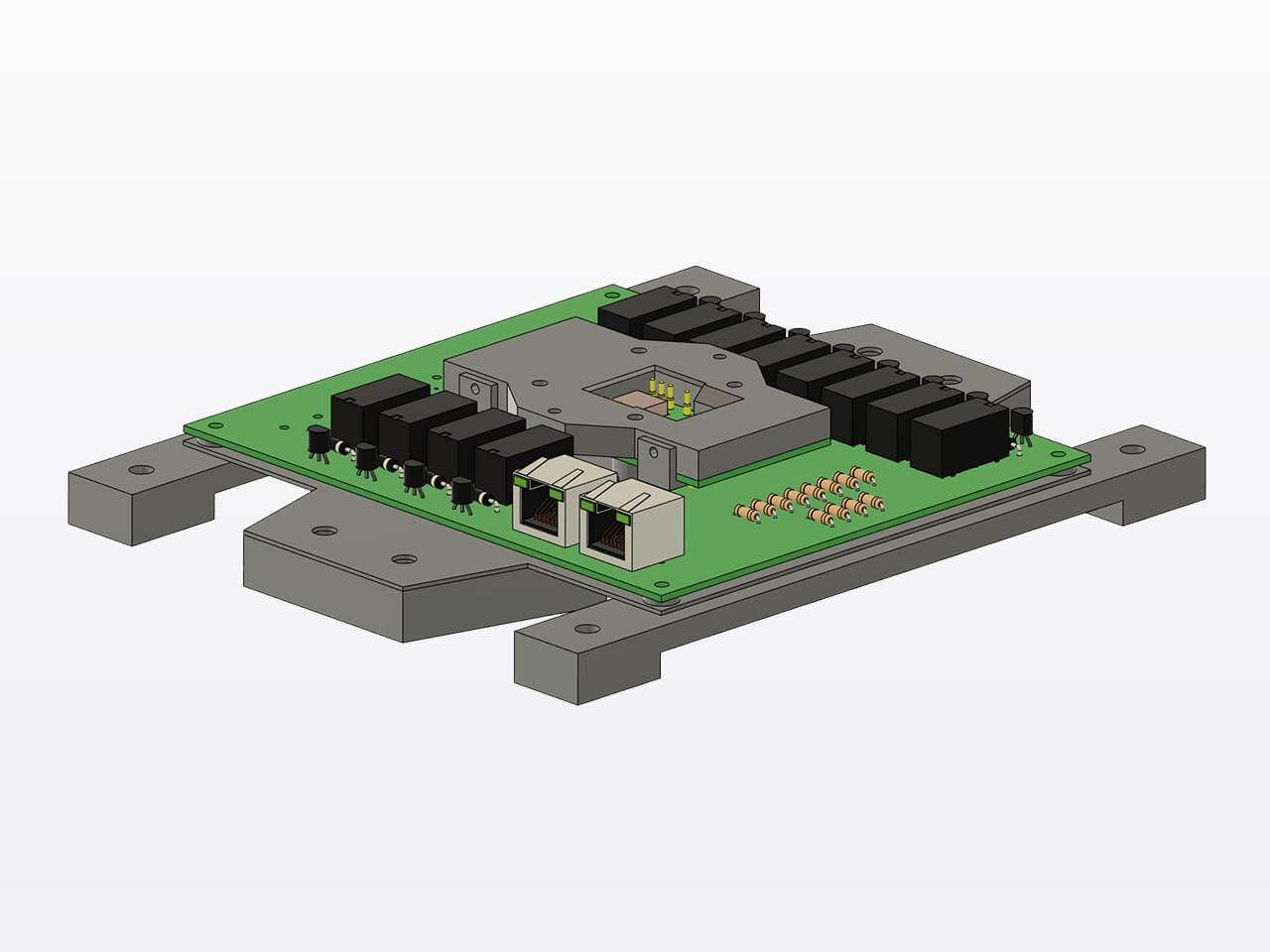 3D model of an electronic circuit board with connectors and components