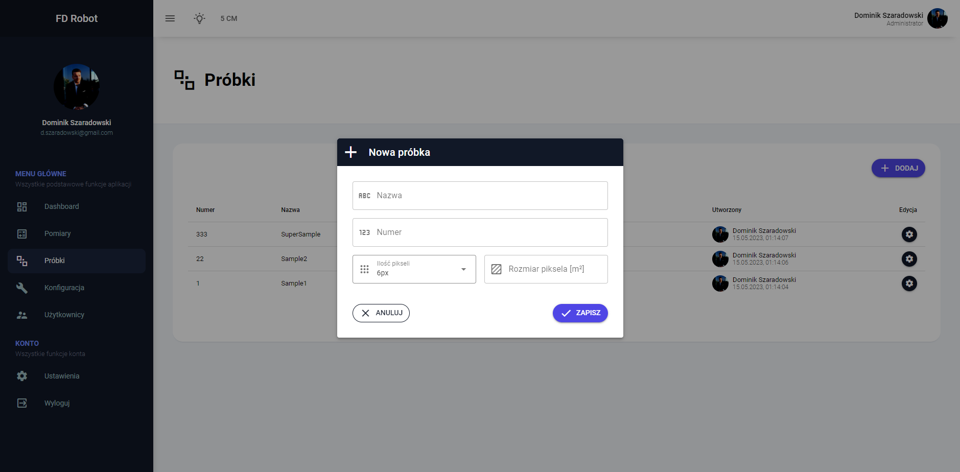 Ekran z formularzem dodawania próbki w aplikacji