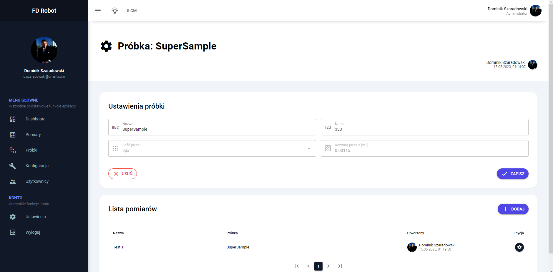 Interfejs użytkownika z ustawieniami próbki