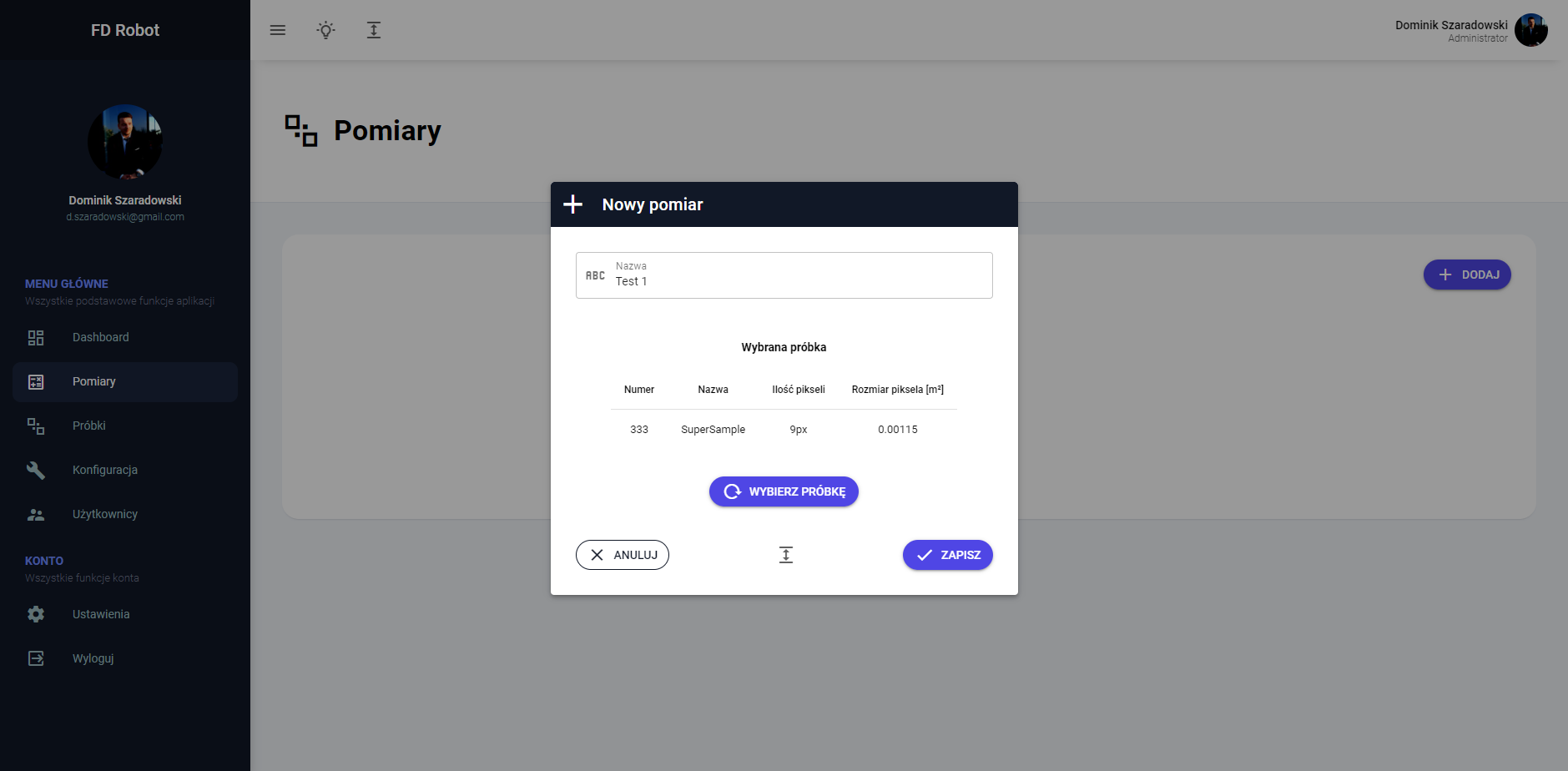 Interfejs użytkownika z oknem dodawania nowego pomiaru
