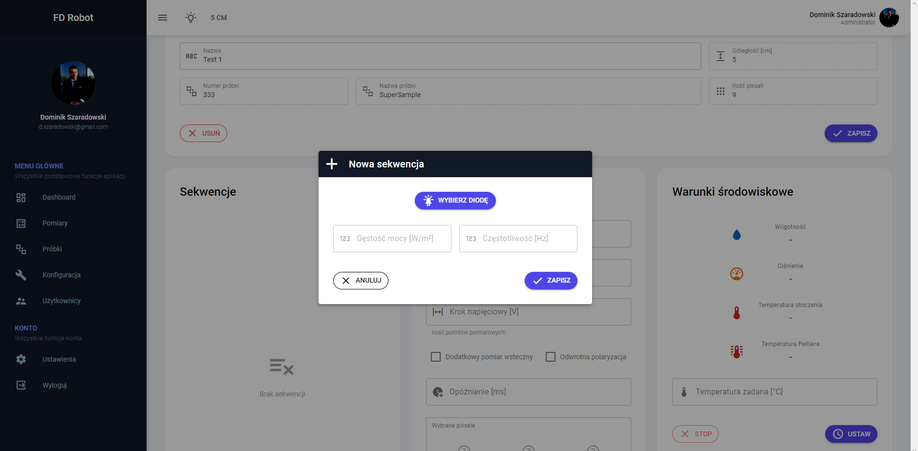 Panel tworzenia nowej sekwencji w aplikacji