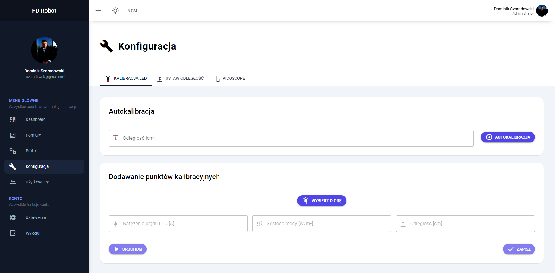 Panel konfiguracji z opcjami kalibracji i ustawień