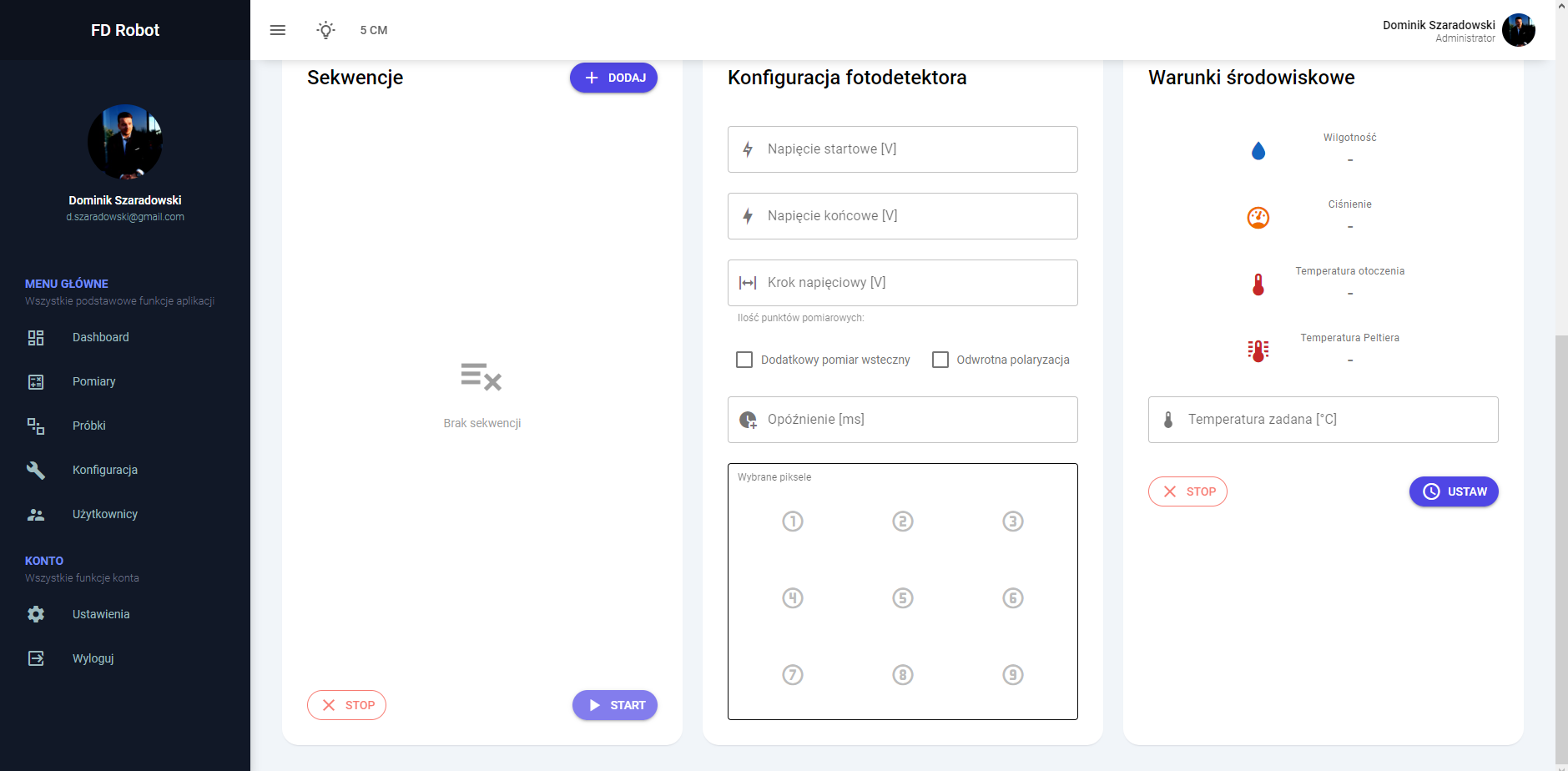 Panel konfiguracyjny aplikacji z ustawieniami fotodetektora i warunków środowiskowych