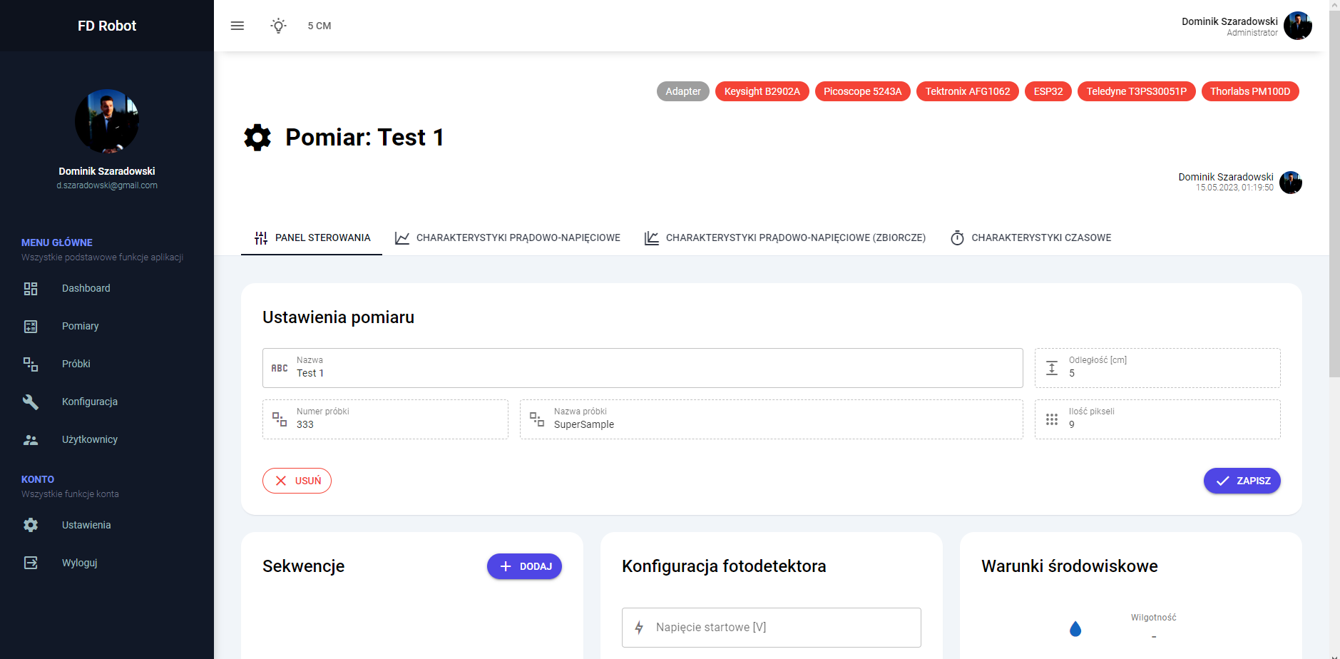 Interfejs użytkownika panelu sterowania pomiaru