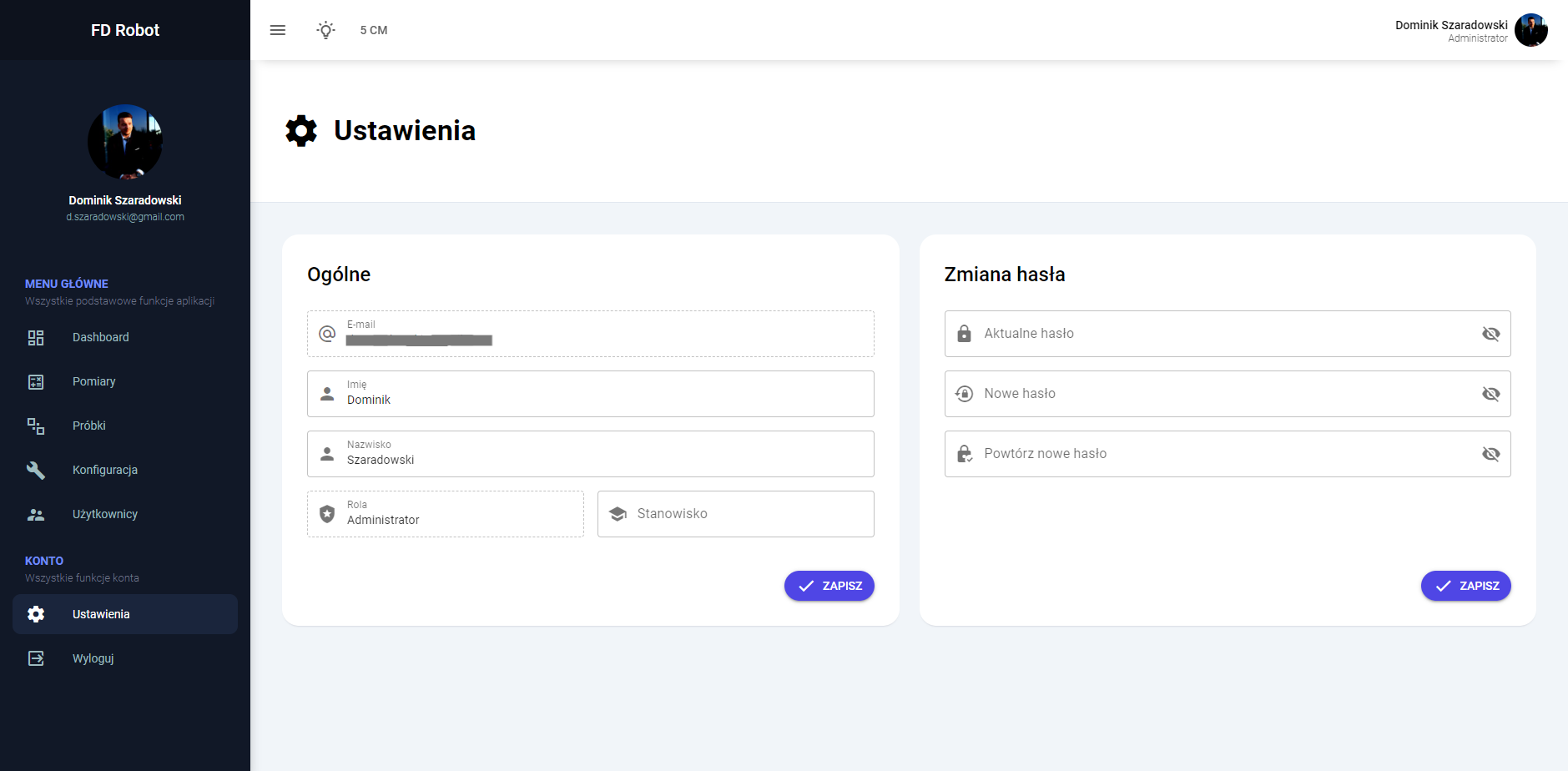 Panel ustawień użytkownika w aplikacji