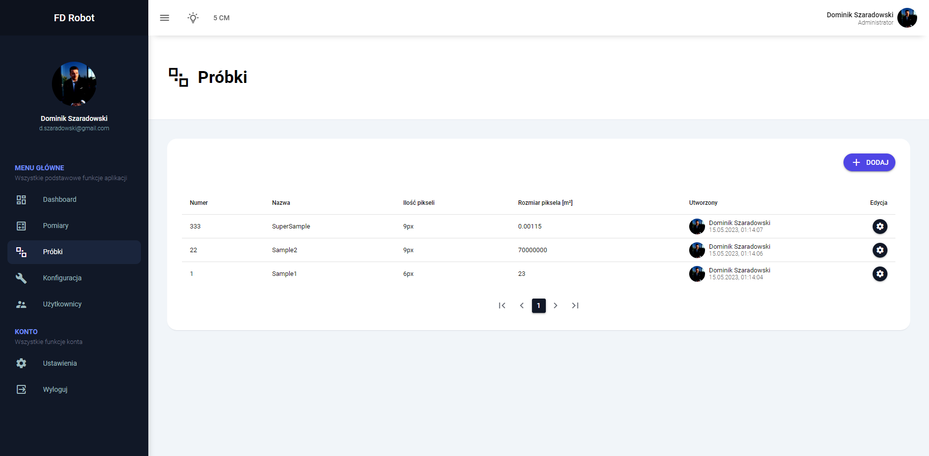 Widok panelu zarządzania próbkami z listą próbek