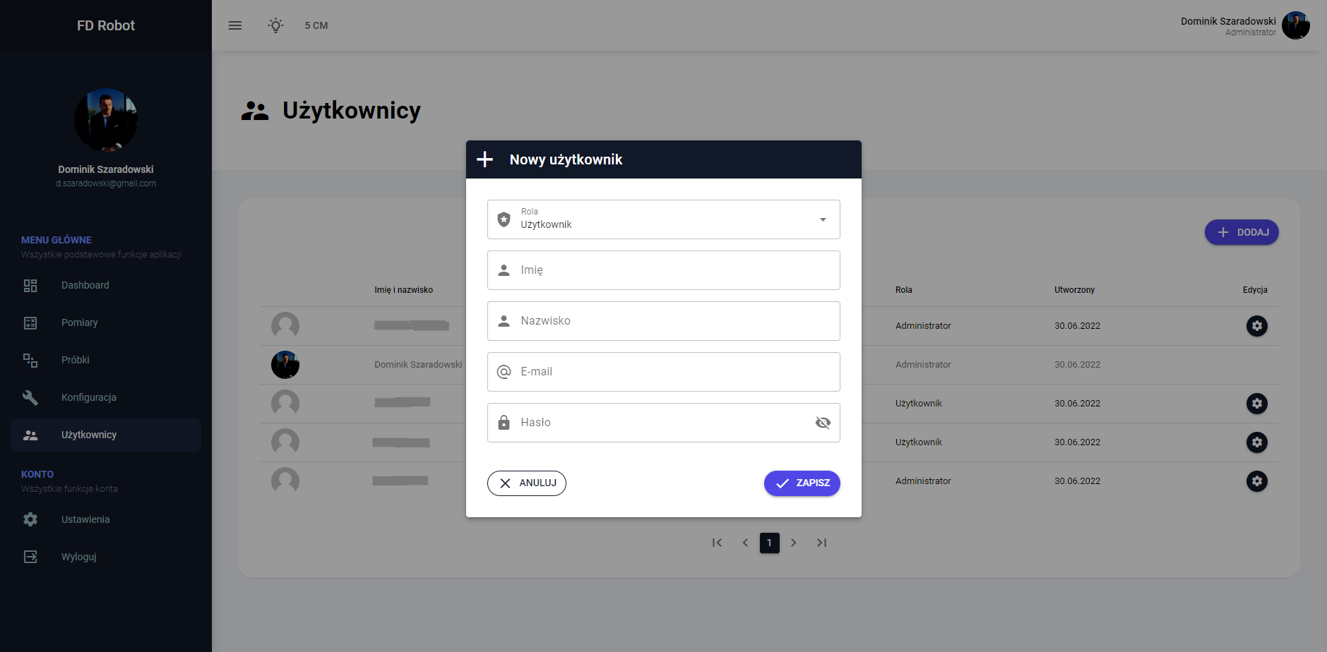 Formularz dodawania nowego użytkownika w panelu zarządzania