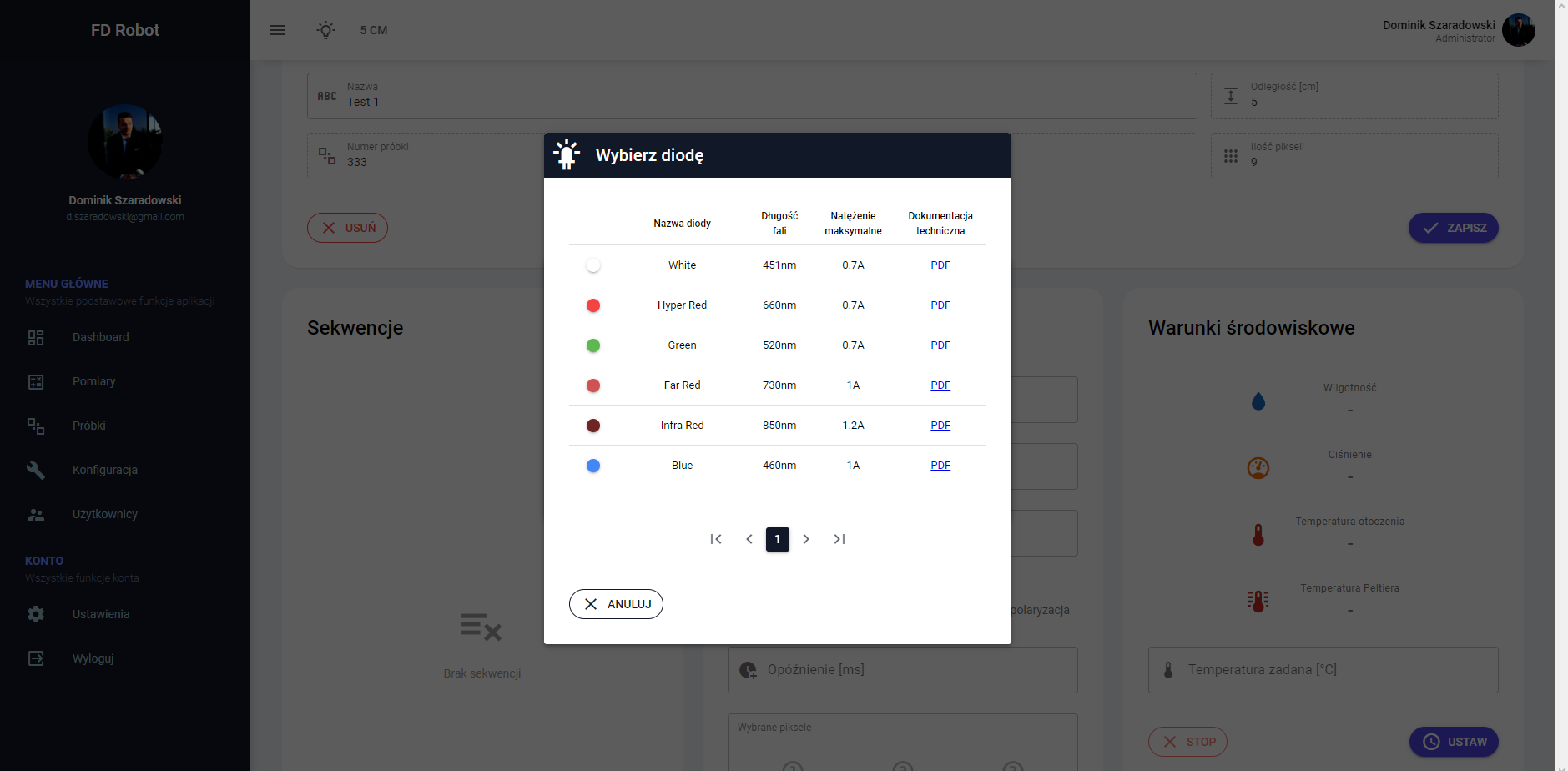 Okno wyboru diody w panelu użytkownika