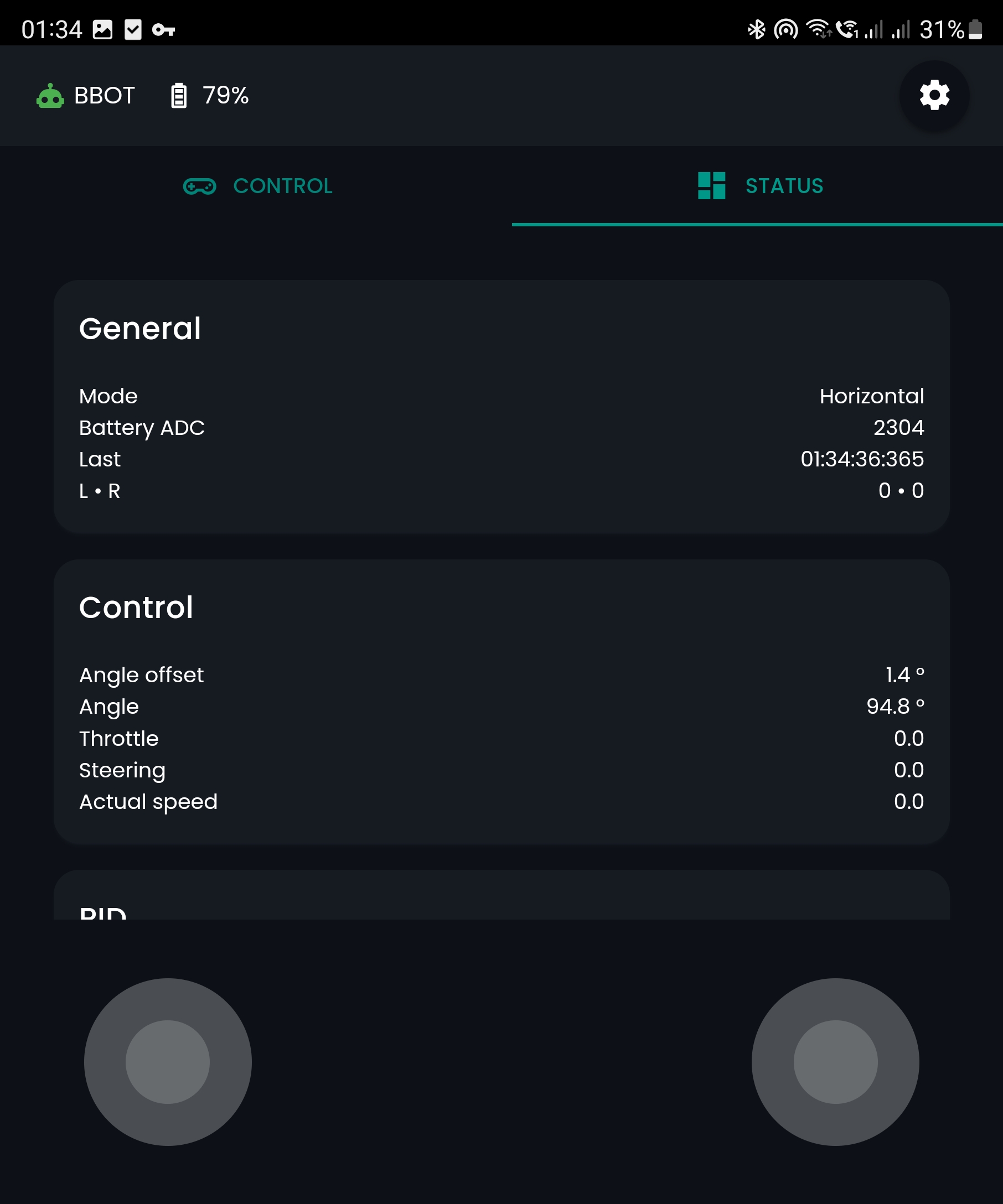 Screenshot of app showing control status and settings
