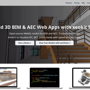 xeokit.io homepage with the tagline "Build 3D BIM & AEC Web Apps with xeokit SDK" and demo screenshots of in-browser 3D apps