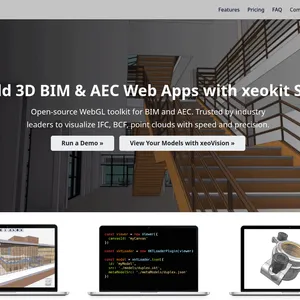 Strona główna xeokit.io z hasłem „Build 3D BIM & AEC Web Apps with xeokit SDK" i ekranami demo aplikacji 3D w przeglądarce