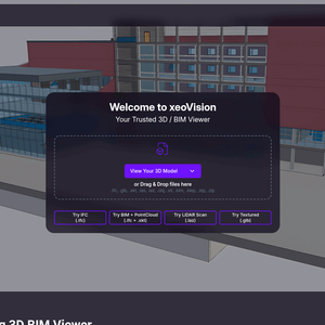 xeoVision homepage with the headline Welcome to xeoVision – Your Trusted 3D / BIM Viewer, an upload-model button and a 3D BIM building in the background