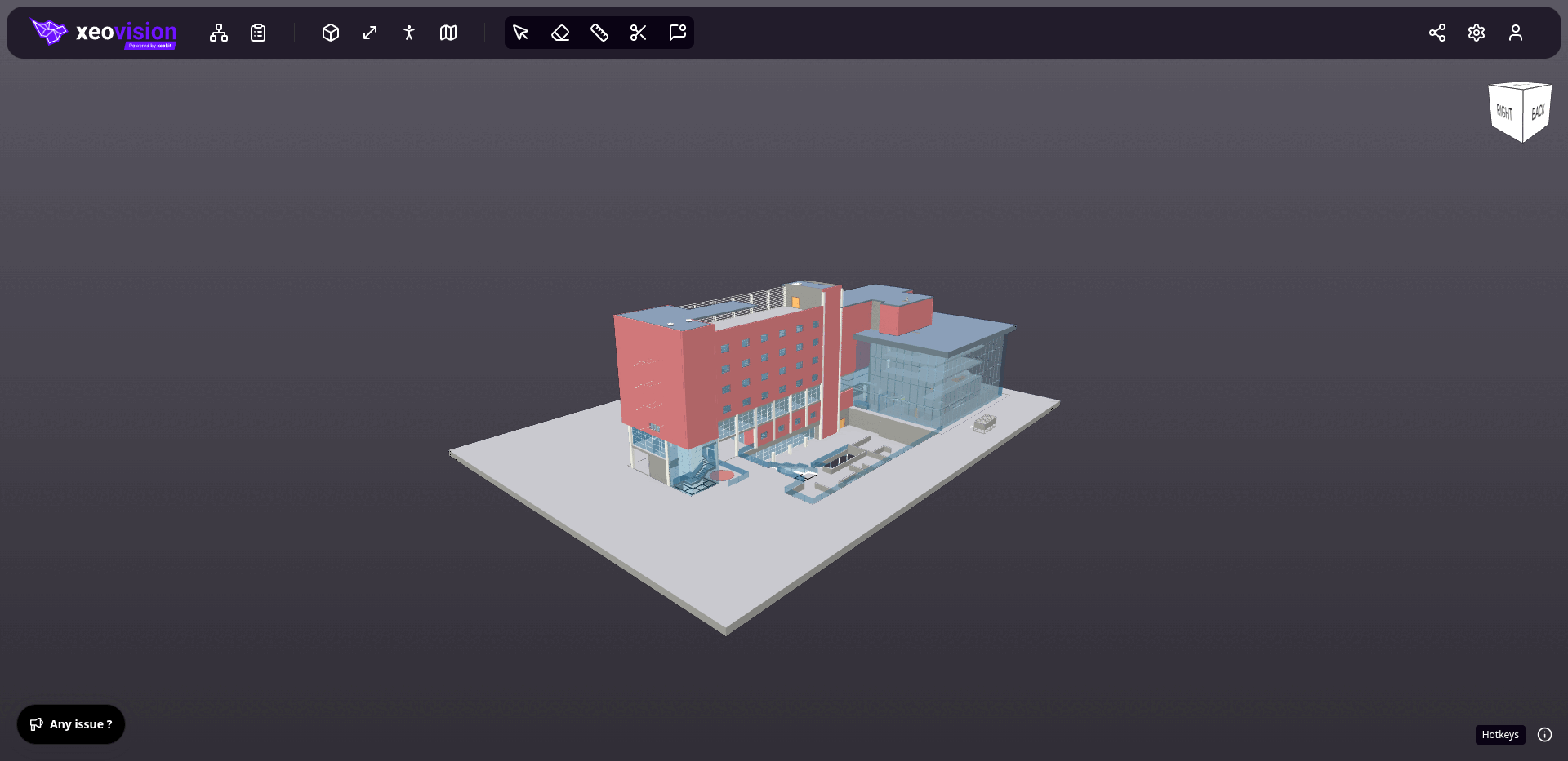 xeoVision: czysty widok 3D modelu IFC budynku OTC-Conference Center z paskiem narzędzi i nawigacyjnym sześcianem