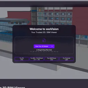 xeoVision: strona główna z hasłem Welcome to xeoVision – Your Trusted 3D / BIM Viewer, przyciskiem wgrywania modelu i tłem 3D budynku BIM