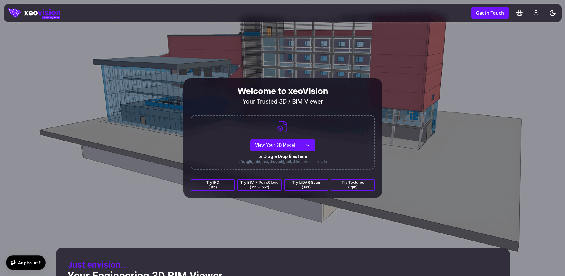 xeoVision: strona główna z hasłem Welcome to xeoVision – Your Trusted 3D / BIM Viewer, przyciskiem wgrywania modelu i tłem 3D budynku BIM
