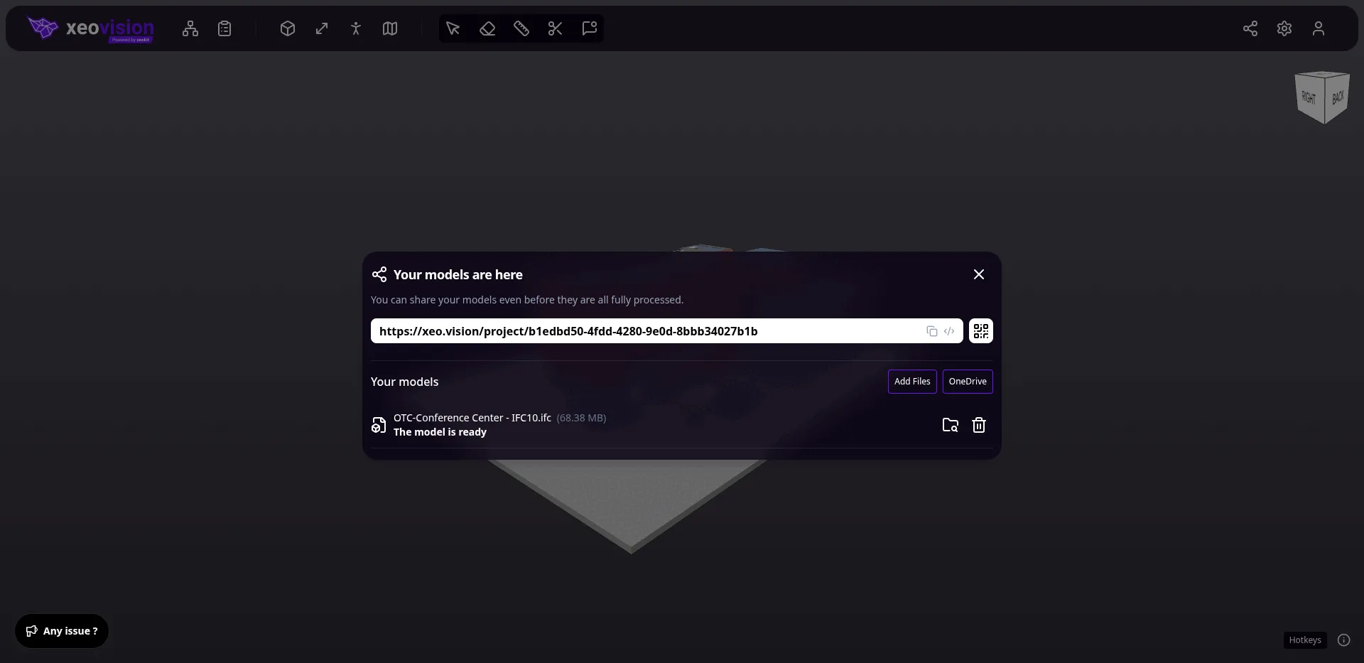 xeoVision: dialog udostępniania projektu z linkiem publicznym, kodem QR i listą modeli